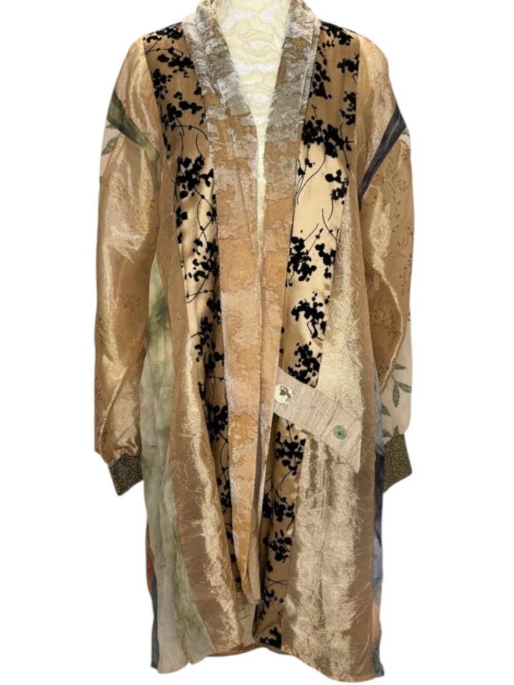 Lee Andersen Silk Blend Duster Kimono Cardigan Velvet Burnout Beaded XL
